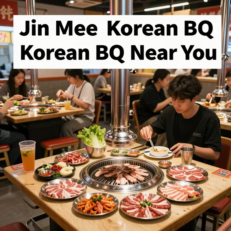 The bustling atmosphere of Jin Mee Korean BBQ, where guests enjoy grilling a variety of meats.