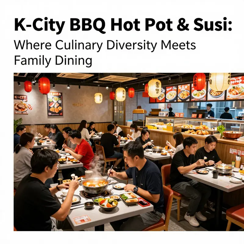 The lively dining environment at K-City BBQ Hot Pot & Sushi, where guests enjoy a variety of dishes in a spacious setting.