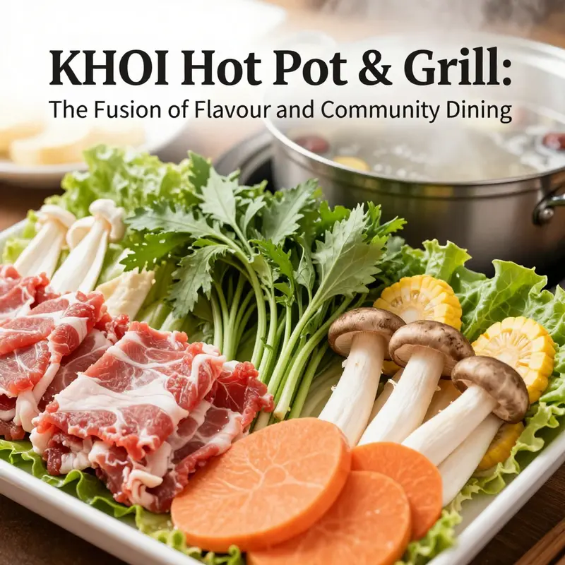 Diners enjoy a vibrant atmosphere at KHOI Hot Pot & Grill, surrounded by fresh ingredients for an interactive meal.