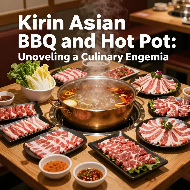 A vibrant layout showcasing ingredients typical in a Kirin Asian BBQ and hot pot experience.