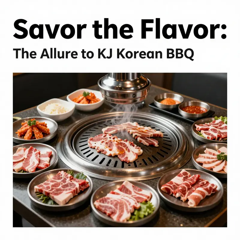 An array of delicious Korean barbecue dishes with marinated meats, side dishes, and sauces, enticing viewers with a taste of KJ Korean BBQ.