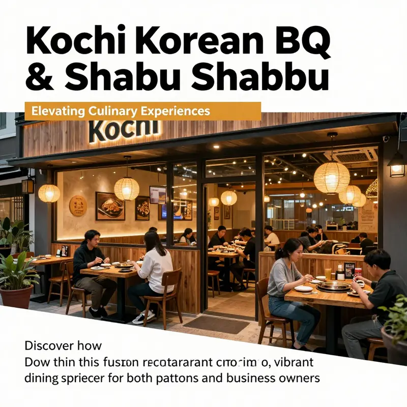 The exterior of Kochi Korean BBQ & Shabu Shabu with vibrant signage and inviting ambience.