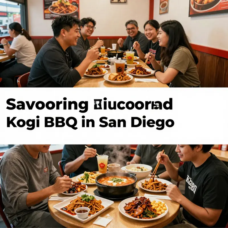 A colorful table set with Kogi BBQ's dishes, depicting the lively atmosphere and enjoyment of diners.