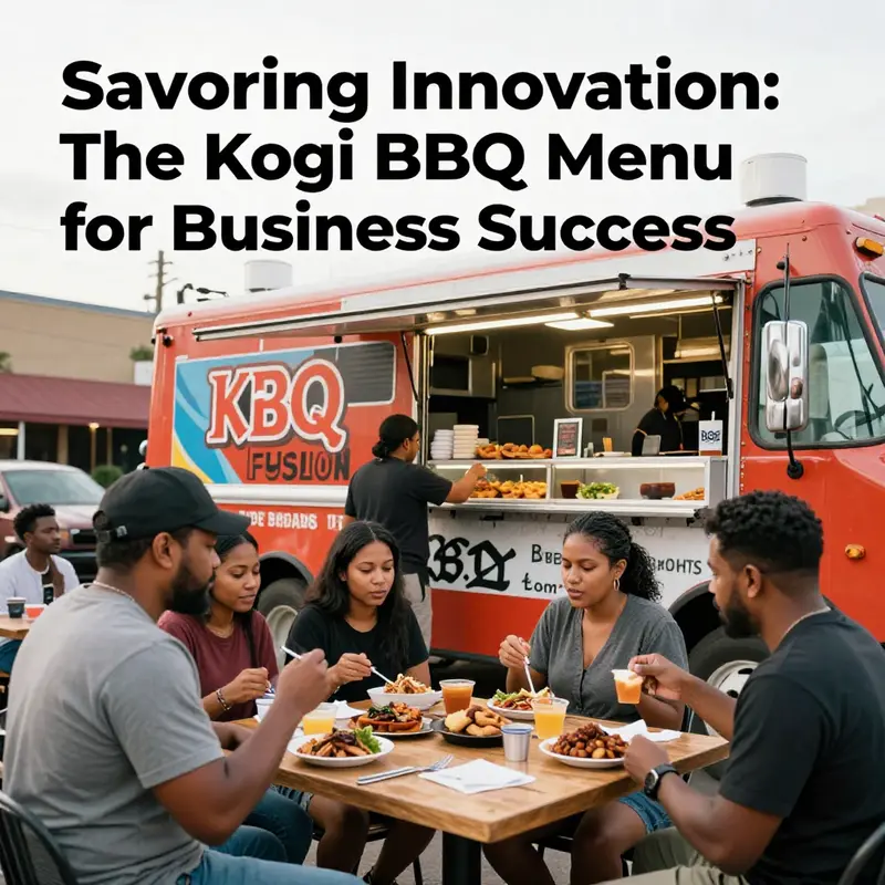 A vibrant food truck scene with customers savoring Kogi BBQ's fusion dishes in a lively outdoor setting.
