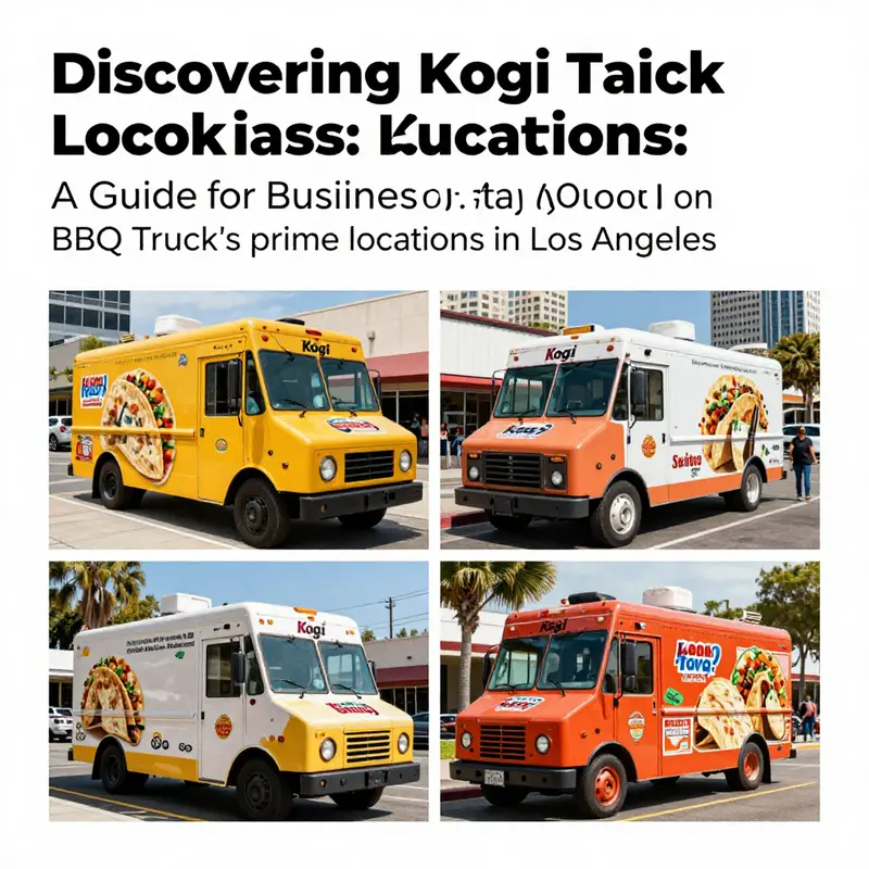 Collage of Kogi Taco Trucks parked at iconic Los Angeles locations, filled with eager customers.