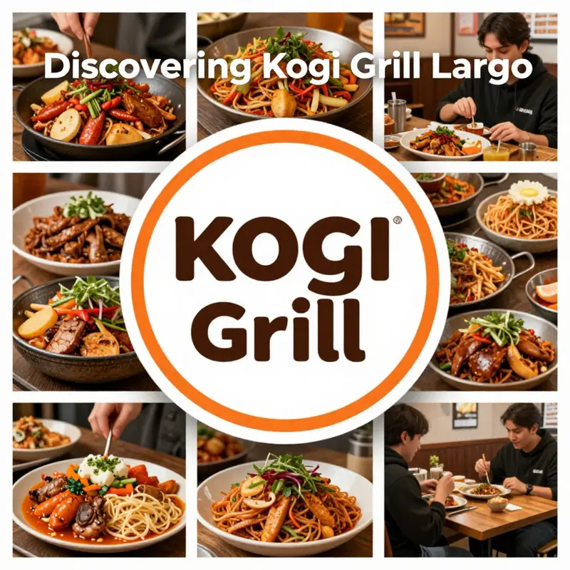 A collage displaying the Kogi Grill logo alongside an array of delicious Korean dishes and diners enjoying their meals.