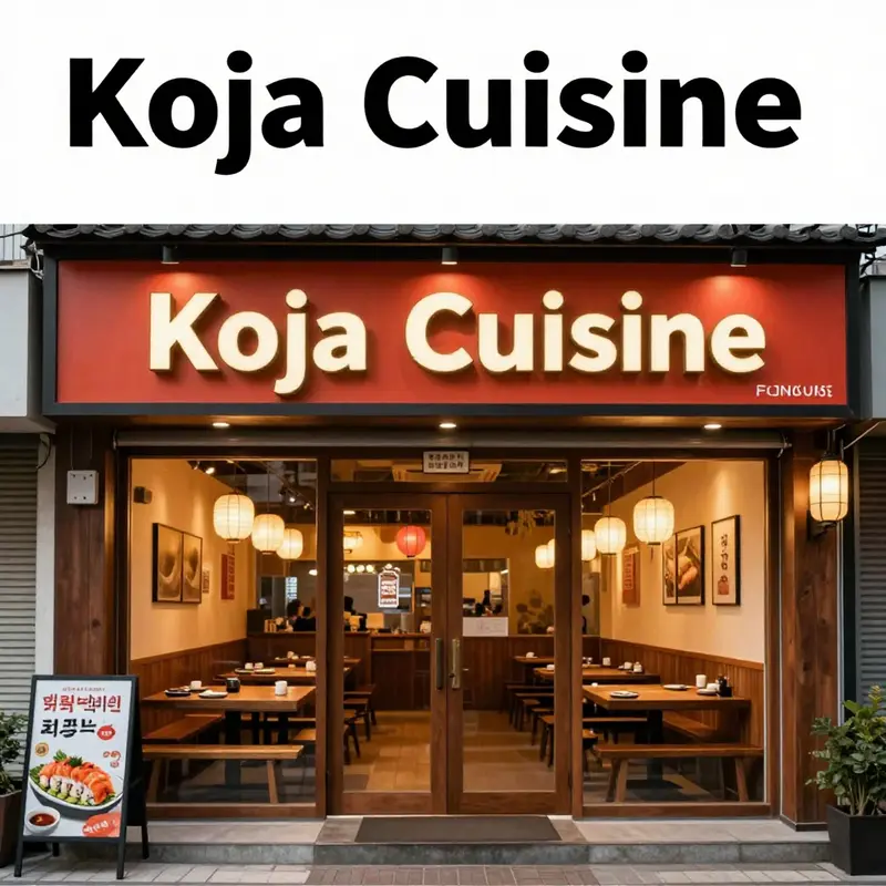 An exterior view of Koja Cuisine with bright signage and a welcoming entrance, reflecting its cultural fusion.