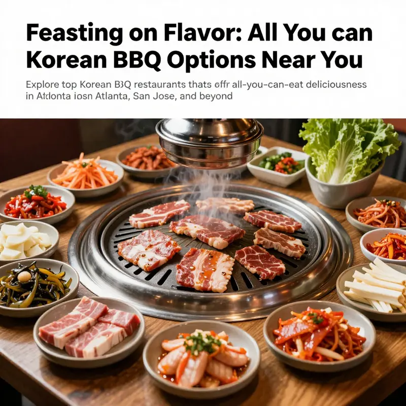 A table set for Korean BBQ with grilled meats and a variety of colorful side dishes, inviting diners to enjoy a communal feast.