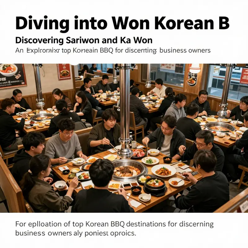 A lively aerial view of patrons dining together at a Korean BBQ restaurant, showcasing grilled meats and social interaction.