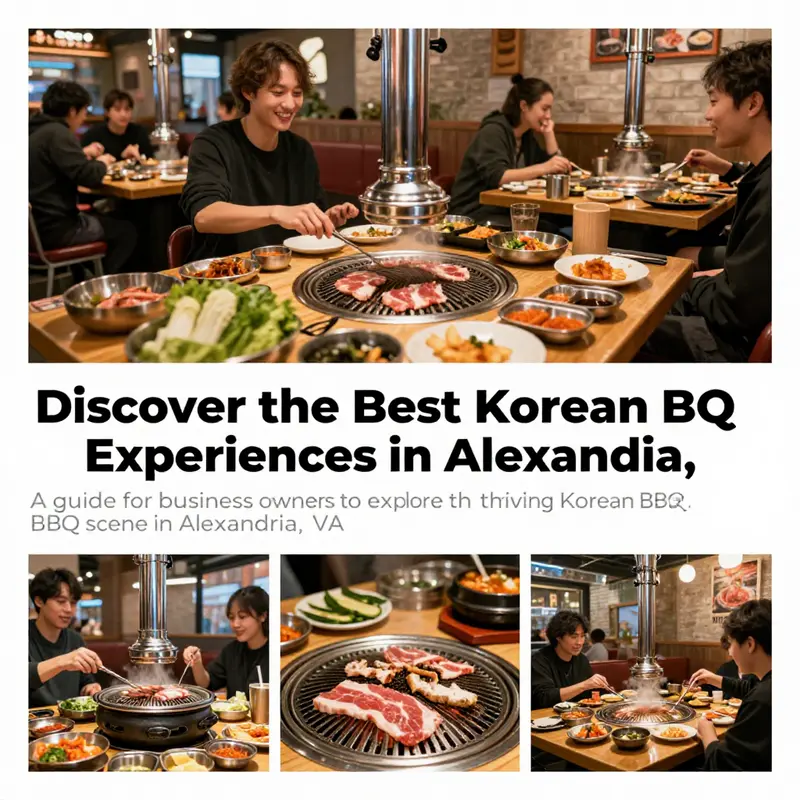Collage of images depicting various aspects of Korean BBQ dining in Alexandria, including grilling, food presentation, and diners.