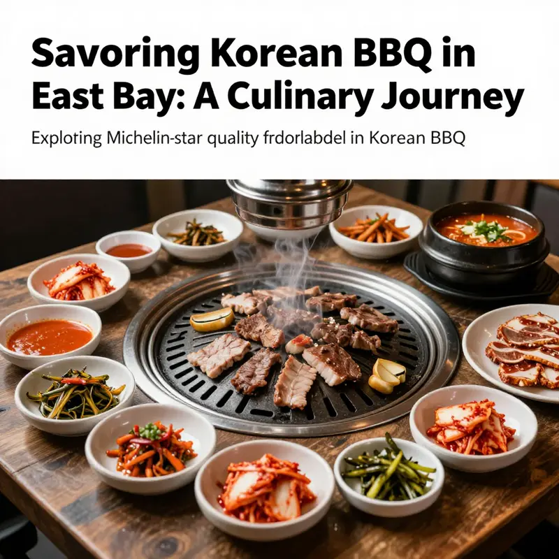 A table filled with various Korean BBQ dishes and side dishes in a rustic dining ambiance.
