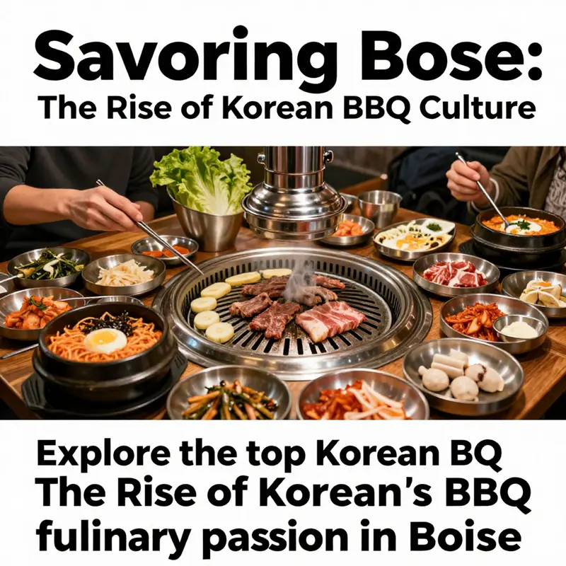A vibrant display of Korean BBQ dishes and lively diners, representing the culinary culture in Boise.