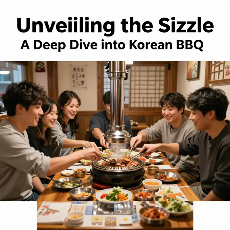 A lively Korean BBQ table filled with ingredients ready for grilling.