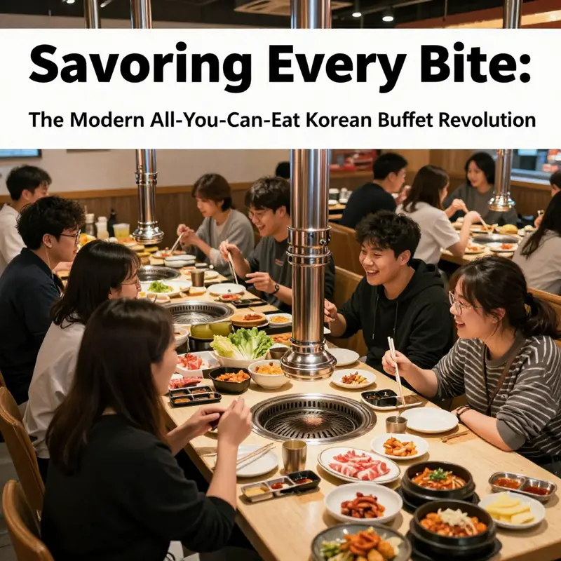 Happy diners enjoying a Korean BBQ buffet, emphasizing community and the shared dining experience.