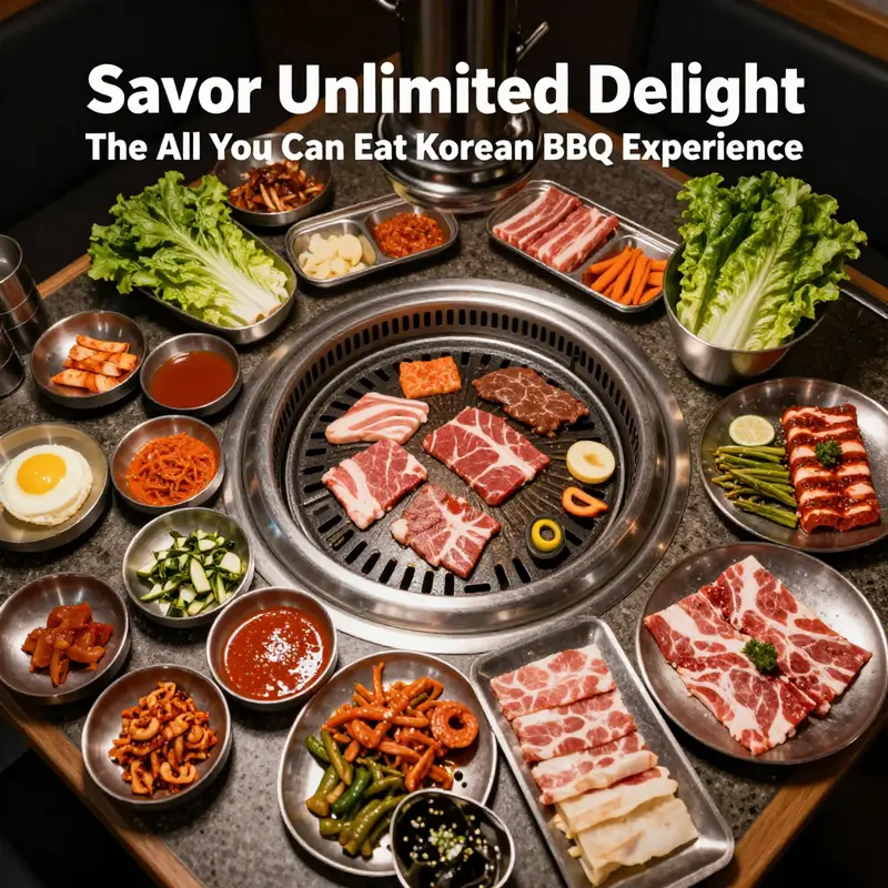 A vibrant overhead view of a Korean BBQ grill surrounded by meats, marinades, and side dishes.