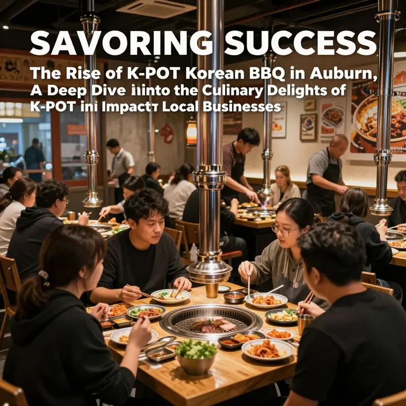 A dynamic cover image of K-POT Korean BBQ showing chefs at work and diners enjoying their meals.