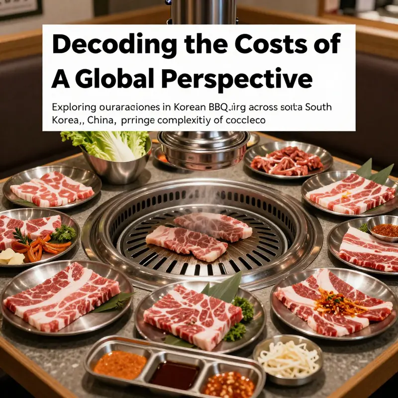 A close-up of Korean BBQ ingredients, showcasing various meats and sides, emphasizing pricing and culinary diversity.