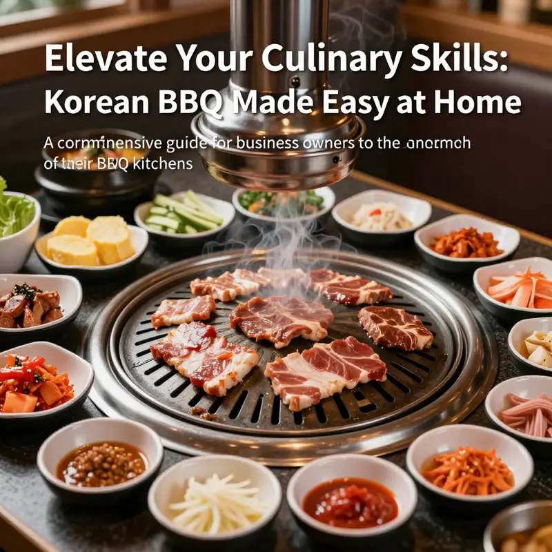 A grill loaded with marinated meats and an array of side dishes typical of Korean BBQ.
