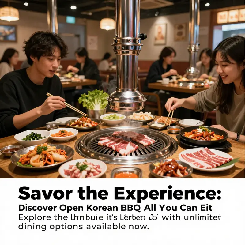 A colorful array of Korean BBQ meats and side dishes with diners enjoying their meal.