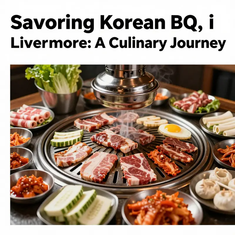A close-up of a Korean BBQ grill loaded with an assortment of meats and colorful vegetables.