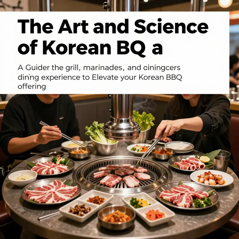 A table set for Korean BBQ with marinated meats, side dishes, and diners enjoying the experience.