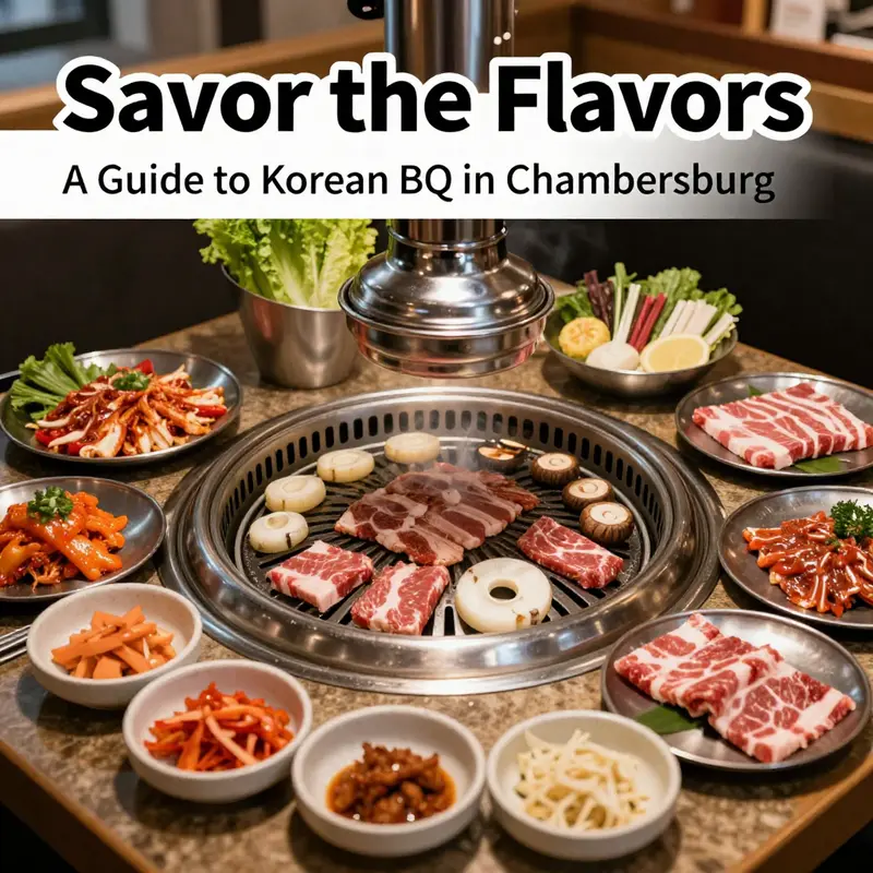 An inviting Korean BBQ arrangement with a variety of grilled meats and colorful side dishes waiting to be enjoyed.
