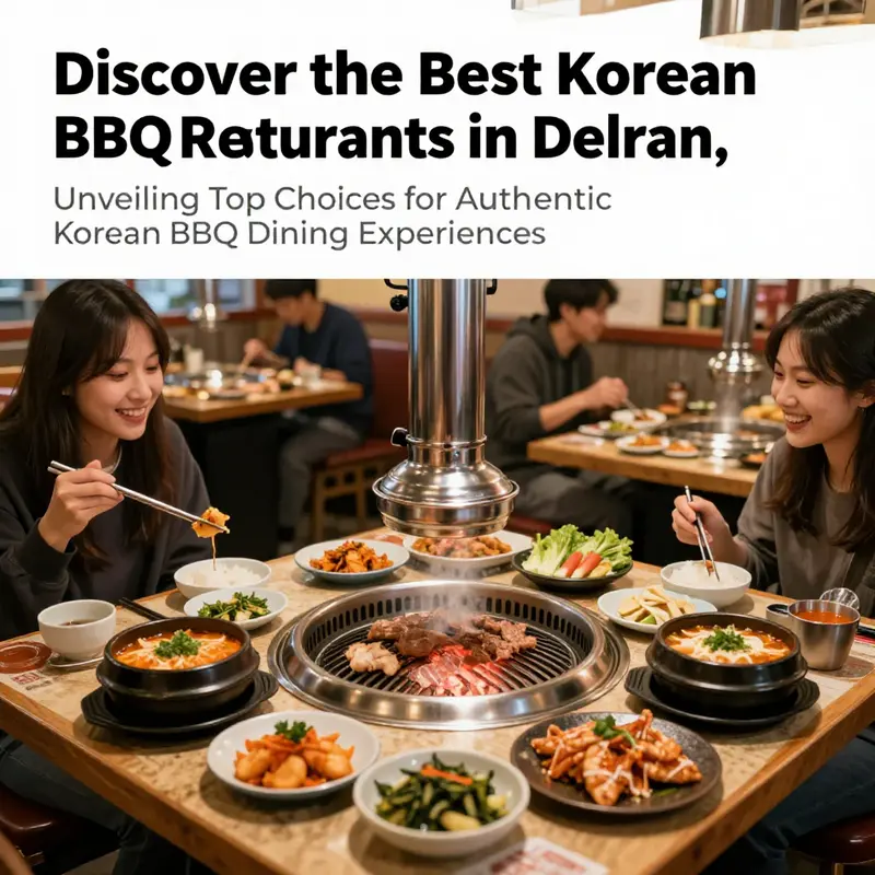 A lively Korean BBQ dining scene in Delran, featuring a variety of meats grilling, side dishes, and cheerful diners enjoying their meals.