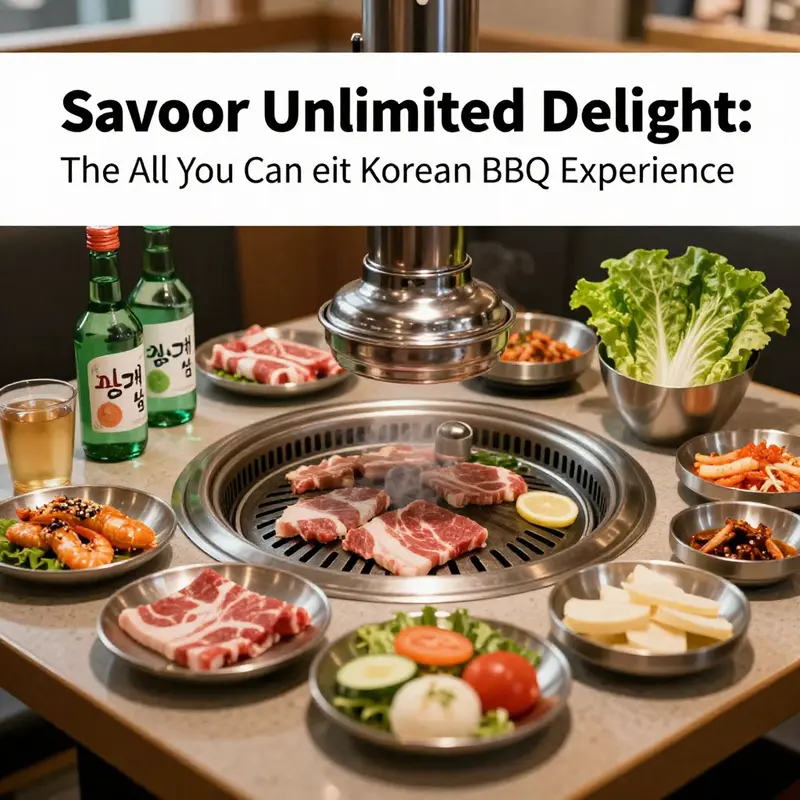 An enticing array of meats and sides at an all-you-can-eat Korean BBQ restaurant.