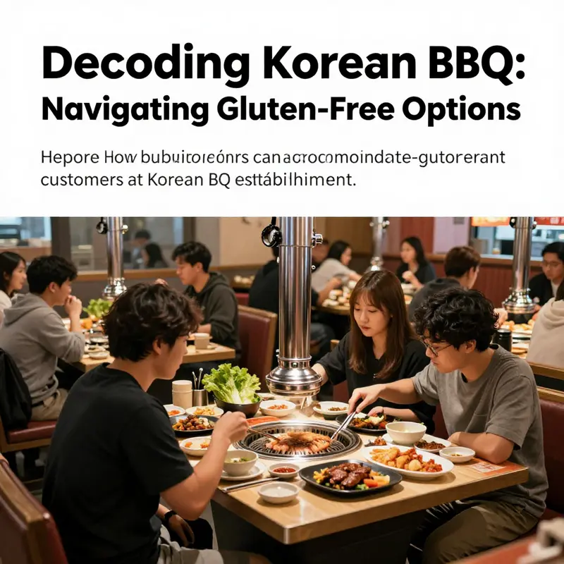 A bustling Korean BBQ restaurant filled with diverse diners, enjoying gluten-free meals at a grill table.
