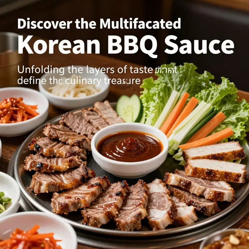 A meticulously arranged Korean BBQ table setting, including grilled meats, vibrant side dishes, and Korean BBQ sauce, emphasizing communal dining and rich tastes.