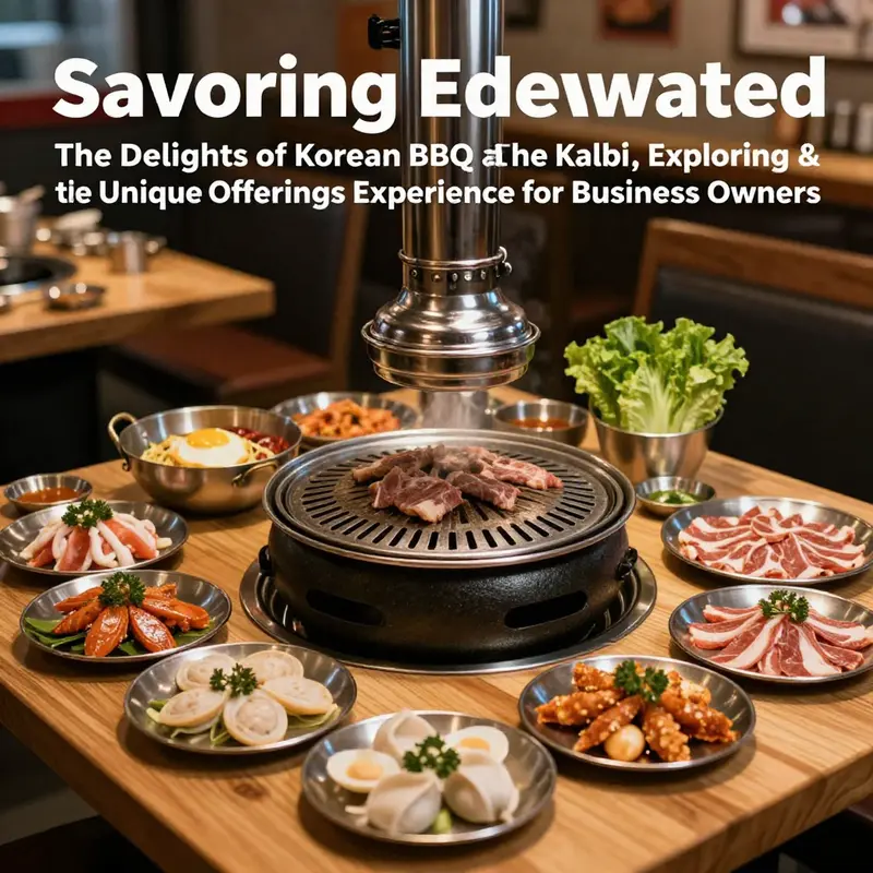 A visually appealing table set for Korean BBQ, showcasing a variety of grilled meats and traditional side dishes.