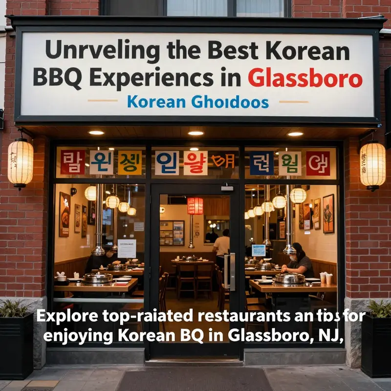 An entrance to a Korean BBQ restaurant in Glassboro with Korean-themed decorations.