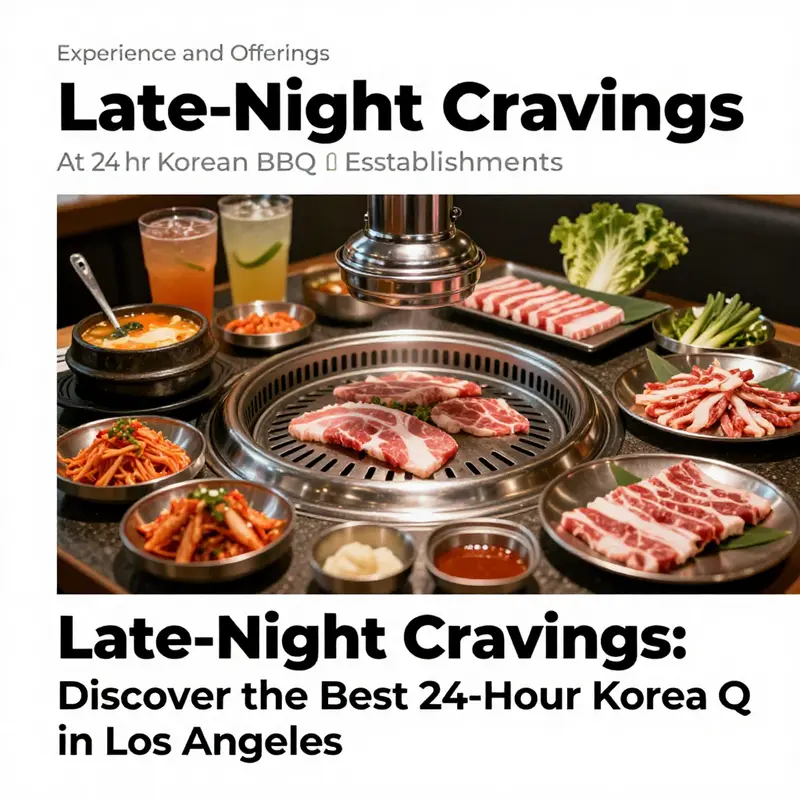 A lively scene from one of Los Angeles’ popular 24-hour Korean BBQ restaurants, filled with diners enjoying grilled meats and side dishes.