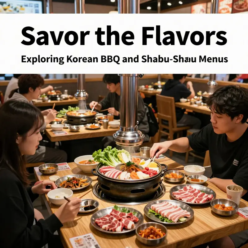 An enticing array of dishes from Korean BBQ and Shabu-Shabu featuring meats, vegetables, and assorted side dishes.