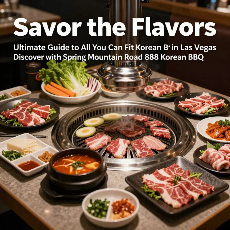 A beautifully arranged table of various grilled meats and side dishes representing an all-you-can-eat Korean BBQ experience.