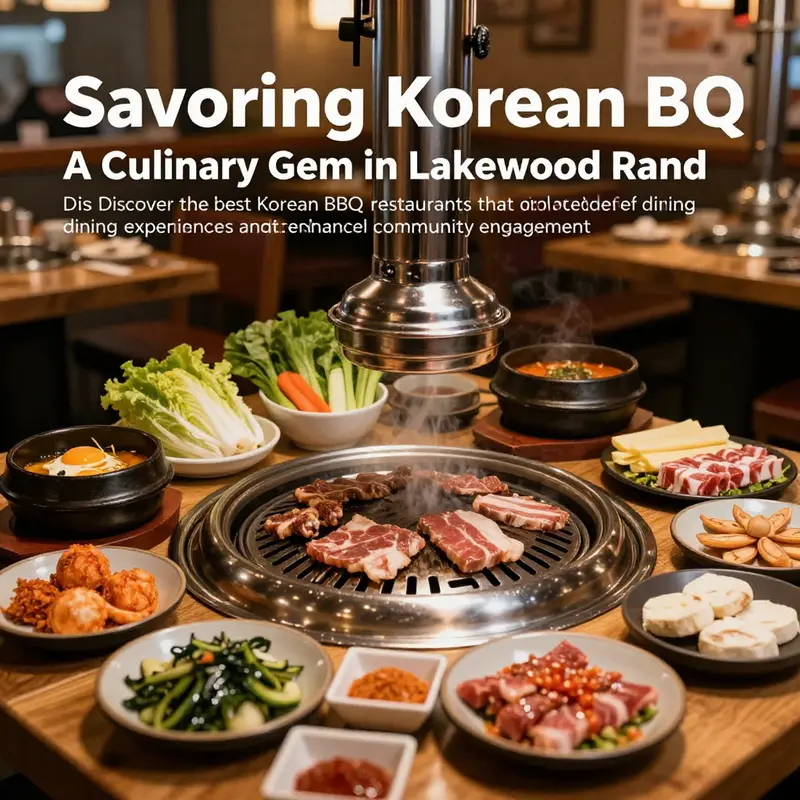 A visually appetizing spread of Korean BBQ, highlighting grilled meats, diverse side dishes, and a welcoming dining environment.