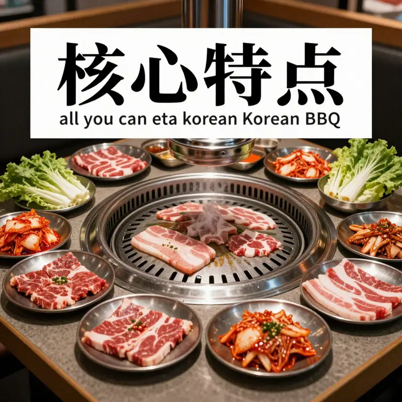 An enticing array of meats and sides at an all-you-can-eat Korean BBQ restaurant.