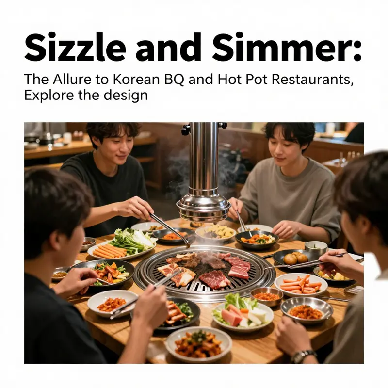 People enjoying a Korean BBQ meal with grilled meats, vegetables, and sides on a lively dining table, emphasizing the communal aspect of the restaurant experience.