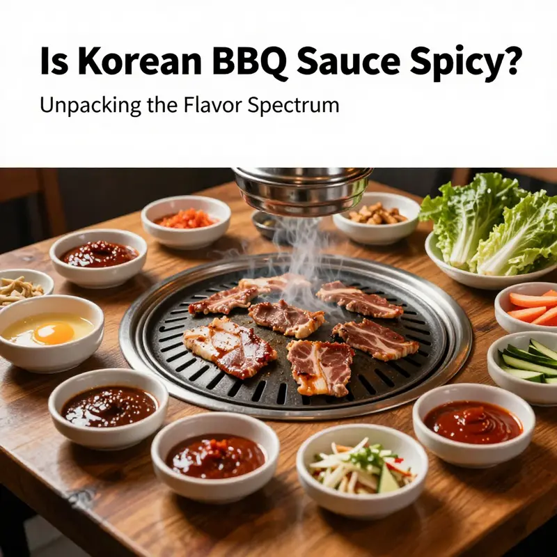 A Korean BBQ grill with marinated meats and assorted sauces ready for an appetizing dining experience.