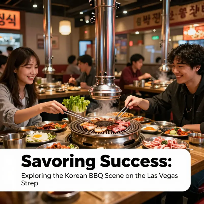 A bustling Korean BBQ restaurant scene in Las Vegas, with diners enjoying freshly grilled meats and colorful side dishes.