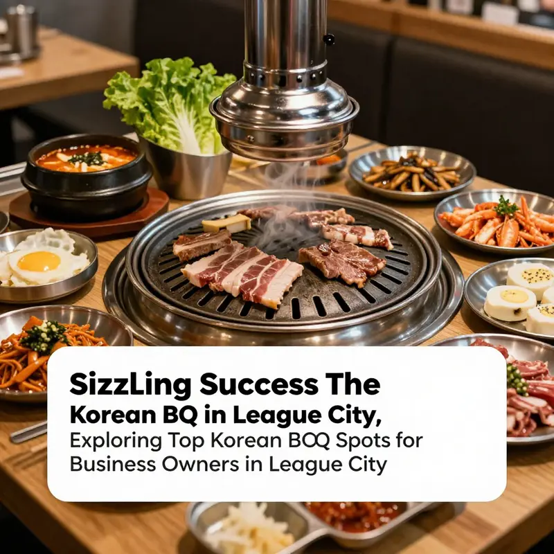 A spread of Korean BBQ dishes, including grilled meats and traditional sides, representing the dining culture in League City.