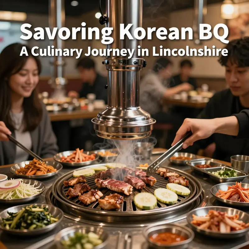 A vibrant scene of Korean BBQ with grilling meats, representing the delightful dining experience in Lincolnshire.