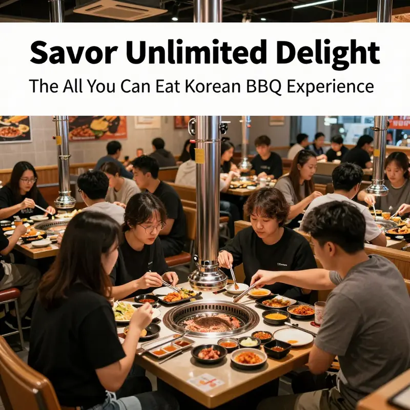 An enticing array of meats and sides at an all-you-can-eat Korean BBQ restaurant.