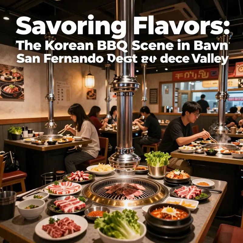 A lively Korean BBQ restaurant where diners engage in grilling meats, surrounded by an array of traditional Korean dishes.