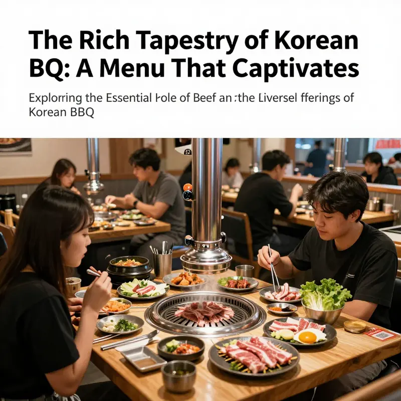 A lively Korean BBQ restaurant scene with diners grilling meats and enjoying a variety of side dishes.