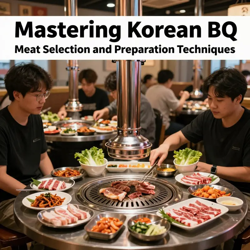 Customers at a Korean BBQ restaurant grilling meats at their table, surrounded by colorful side dishes.
