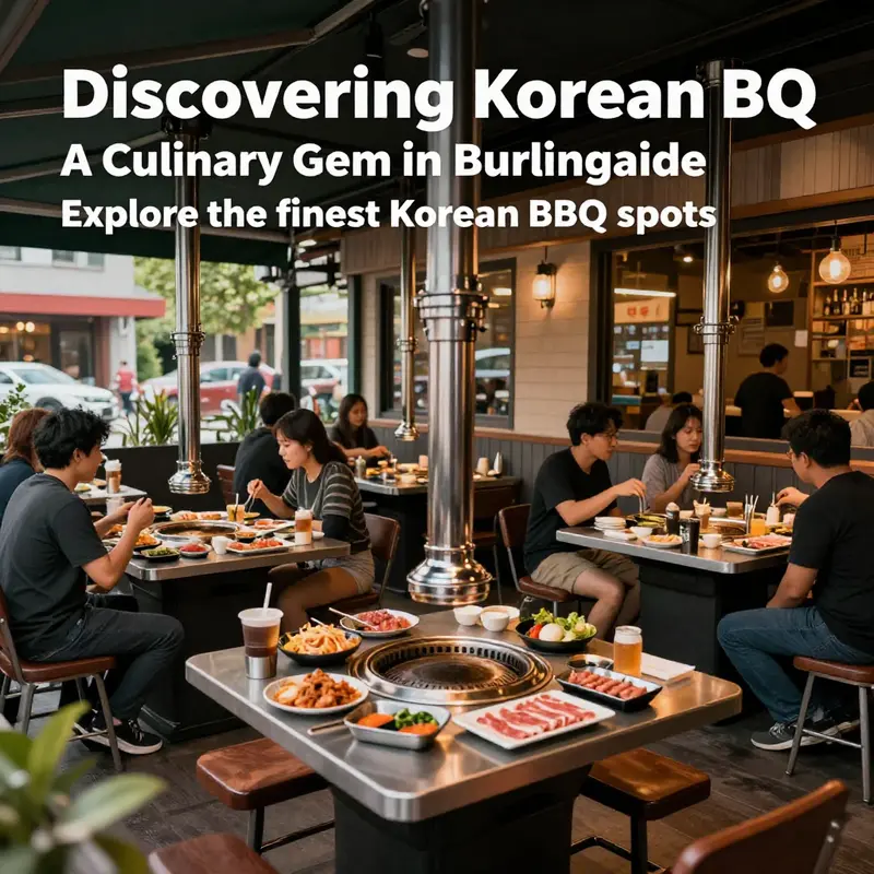 A vibrant Korean BBQ restaurant exterior in Burlingame, bustling with customers enjoying their dining experience.