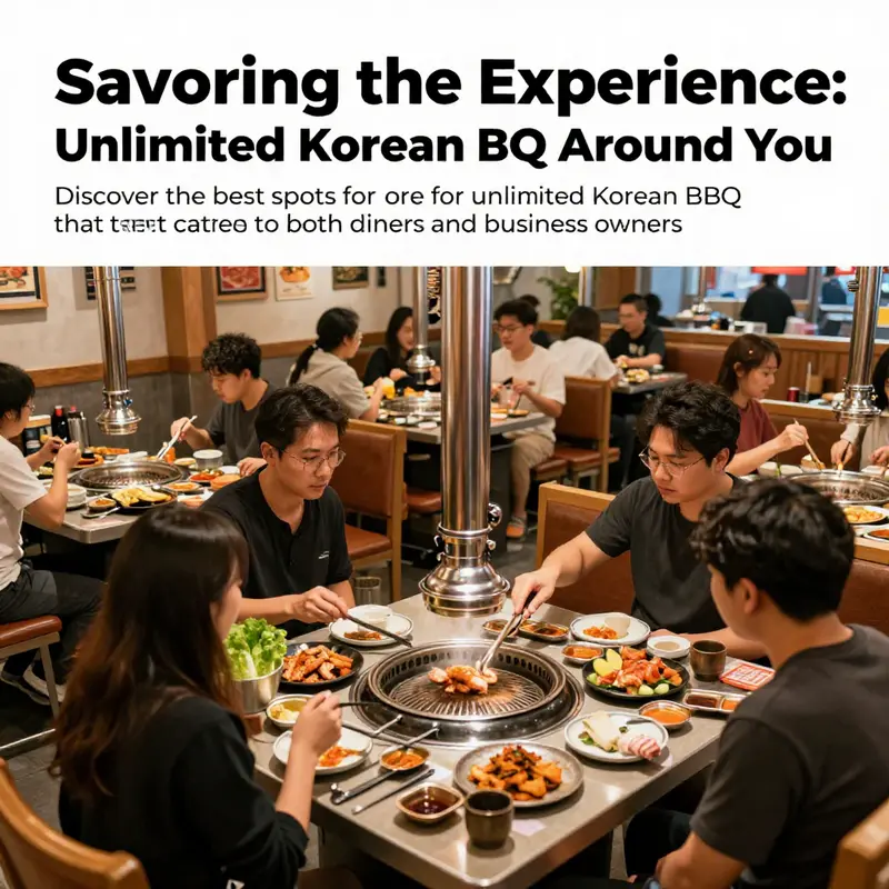 A lively Korean BBQ restaurant scene with diners grilling food.