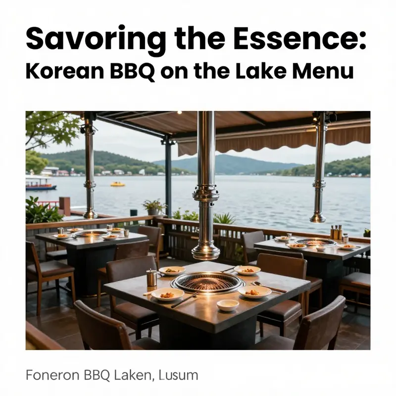 A Korean BBQ restaurant by the lake showcasing outdoor seating and scenic views.