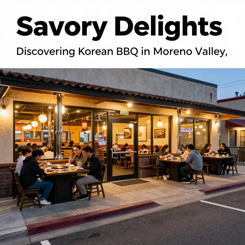 A welcoming Korean BBQ restaurant exterior in Moreno Valley, illuminated and bustling with diners.